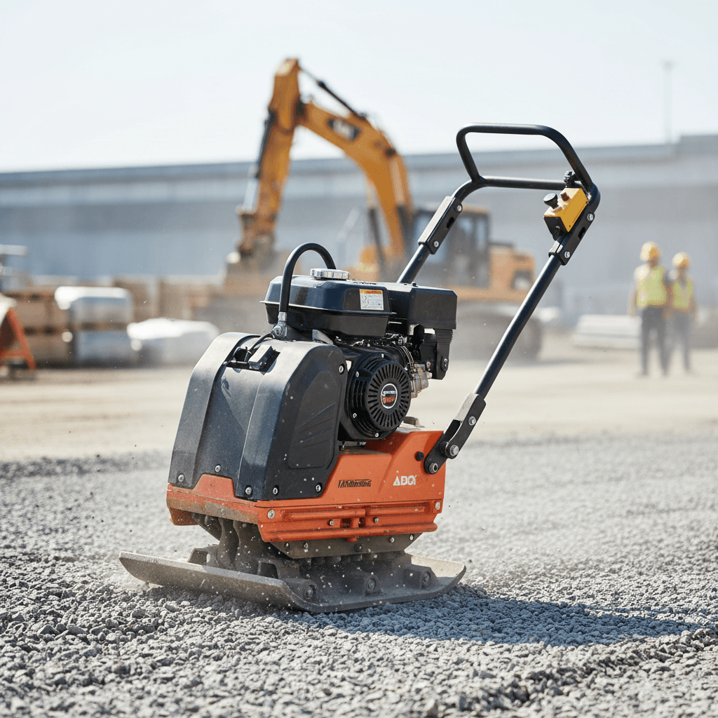 Vibrating plate compactor operating on gravel at a construction site
