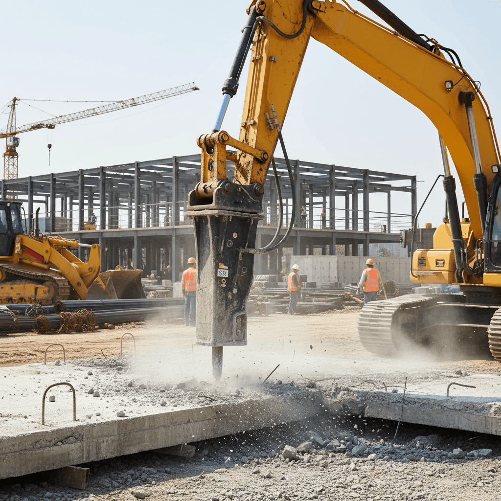 Hydraulic breaker on an excavator breaking concrete at a busy construction site