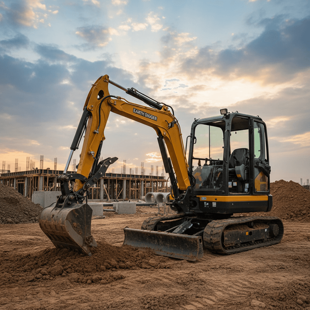 Miniescavatore compatto su terreno di cantiere, ideale per lavori in spazi stretti