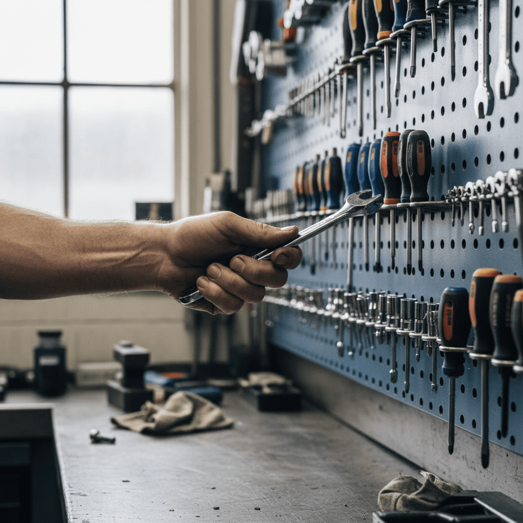 Mani che controllano un trapano professionale in officina