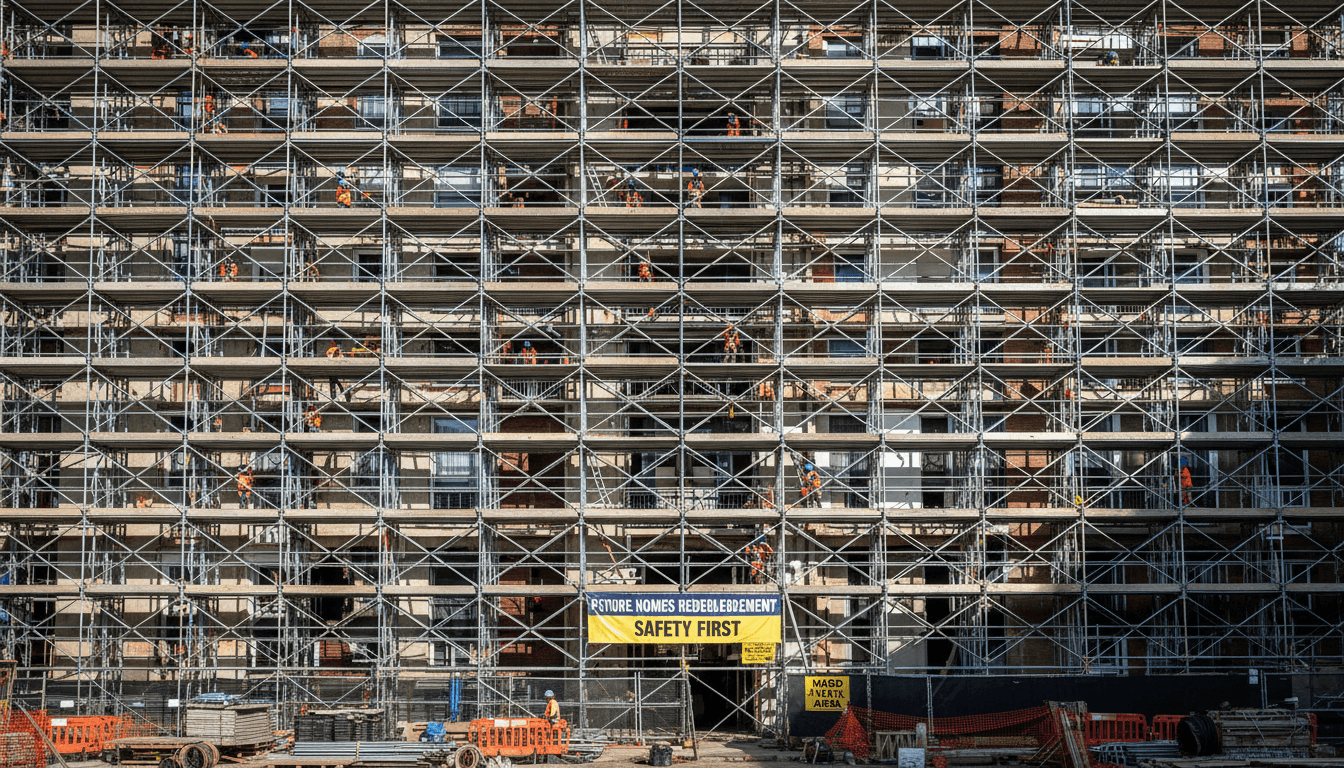 Ponteggio metallico alto contro una facciata di edificio in ristrutturazione
