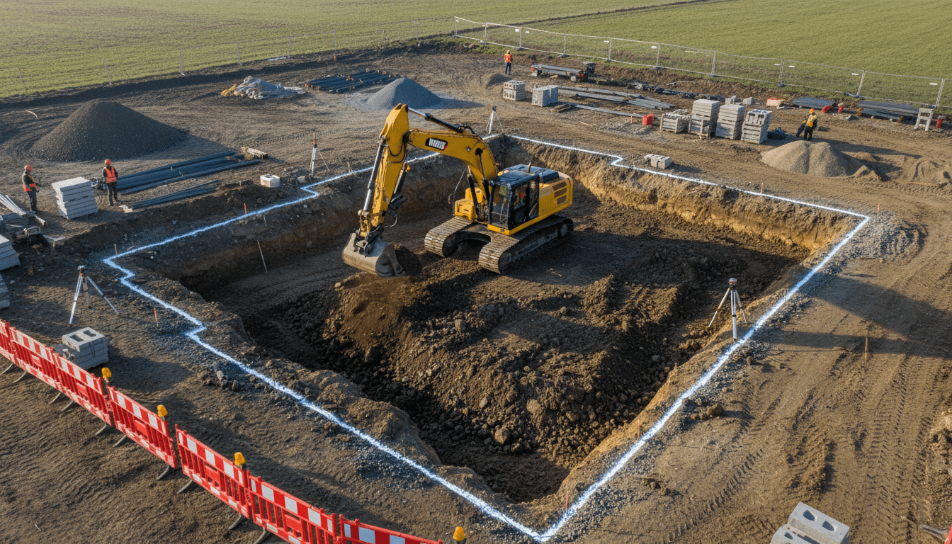 Escavatore cingolato giallo in azione su un cantiere edile