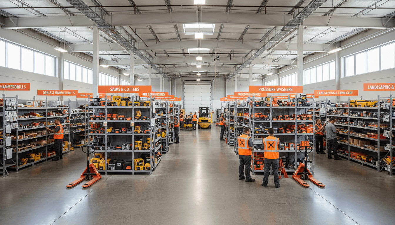 Magazzino con attrezzature edili e macchine da cantiere pronte per il noleggio
