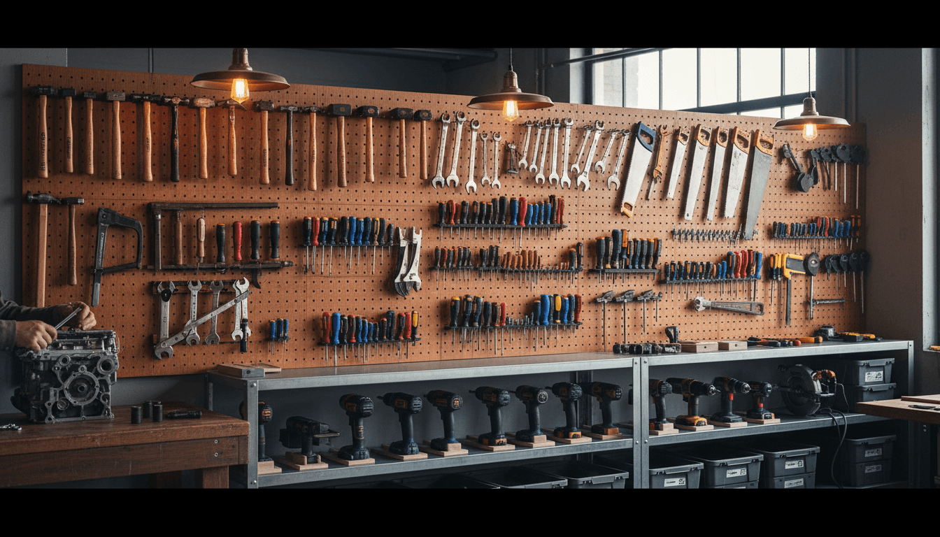 Attrezzature edili ordinate su uno scaffale in officina