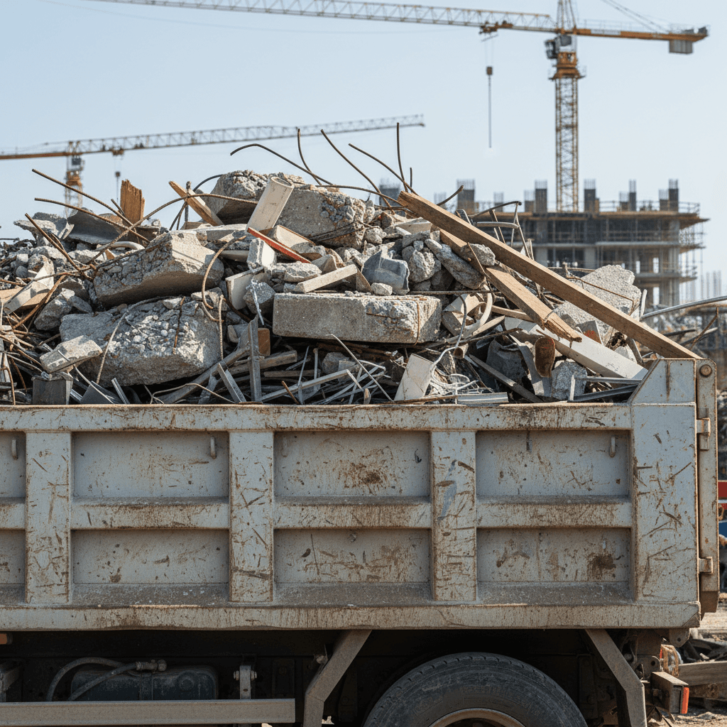 Minidump giallo che trasporta detriti su un percorso stretto di cantiere
